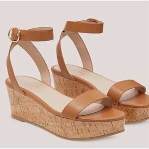 Stuart Weitzman Avenue 65 Platform Wedge Sandal Almond Tan Leather Cork Sz 8.5